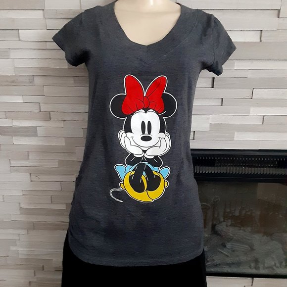 Disney Tops - Like New! V Neck Disney Minnie Mouse Gray Size Small T Shirt